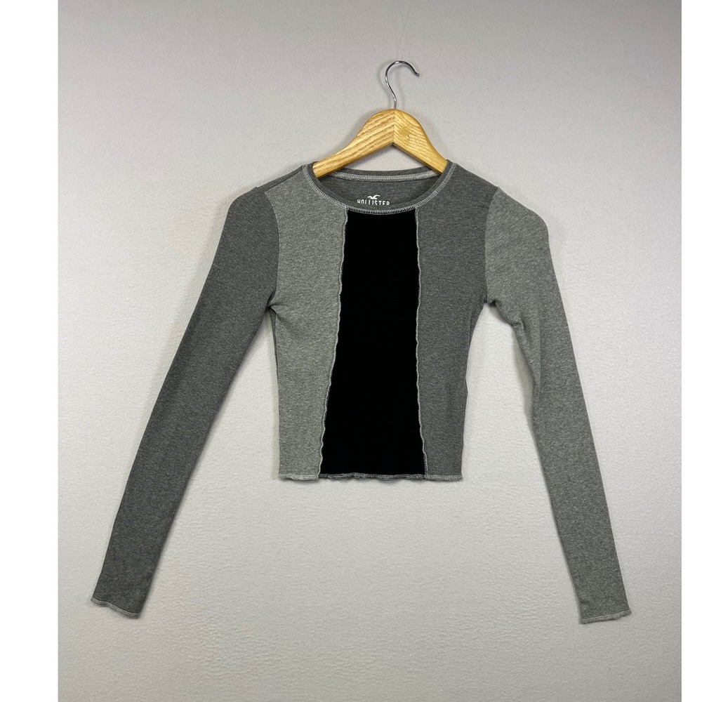 Grunge Y2K Hollister Women XS Gray Black Ribbed Colorblock Exposed Seam Baby Tee